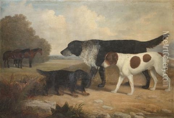 Three Dogs In A Landscape Oil Painting - William R. Robinson