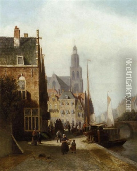 Daily Activities Along A Dutch Canal Oil Painting - Johannes Frederik Hulk the Elder