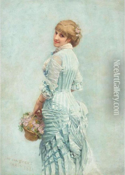 Lady With A Basket Of Flowers Oil Painting - Jan van Beers