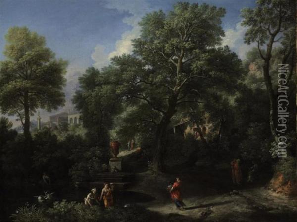 An Arcadian Landscape With Figures, A Classical Temple Beyond Oil Painting - Jan Frans Van Bloemen (Orizzonte)