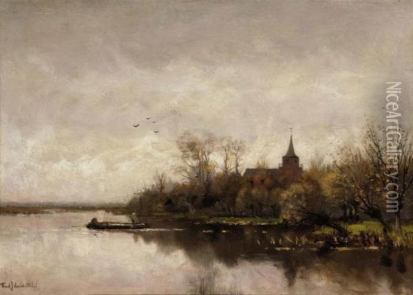 A Church In A River Landscape Oil Painting - Fredericus Jacobus Van Rossum Du Chattel