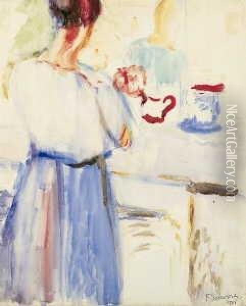 Femme Attablee. Ruckseitig: Le Dejeuner Oil Painting - Ferdinand Schirren