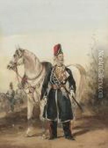 A Native Officer, Ramghur 
Irregular Horse; An Officer, Bundlekund Legion; An Officer Bengal Light 
Cavalry, Three Oil Painting - Henry Martens