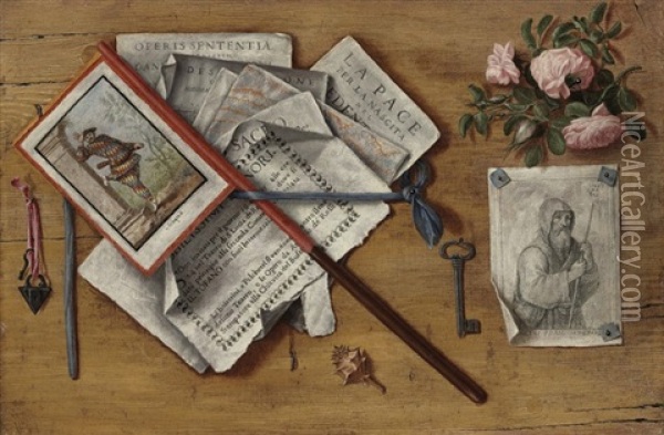 A Trompe L'oeil Still Life With Letters And Other Objects On A Board Oil Painting - Antonio Cioci