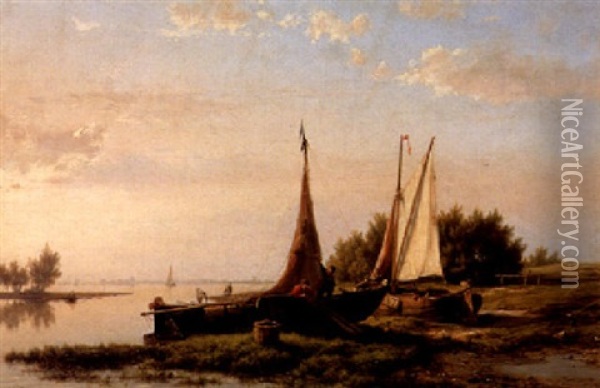 Fishermen Tending Their Boats Oil Painting - Hermanus Koekkoek the Elder