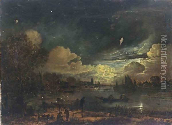 A Moonlit River Landscape With Fishermen Repairing Their Nets And Three Men In A Rowing Boat Oil Painting - Aert van der Neer