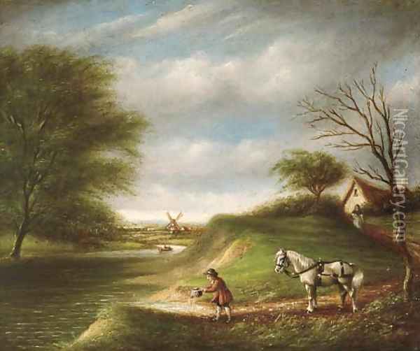 A horseman in a wooded landscape, a windmill beyond Oil Painting - English School
