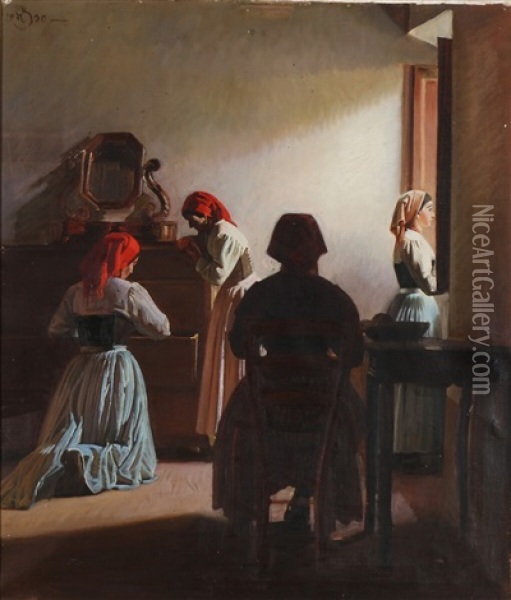 Interior With Italian Women Oil Painting - Knud Sinding