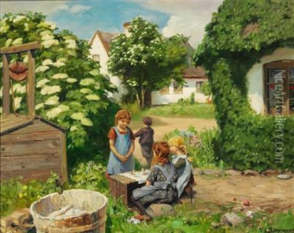 Little Girls Having A Tea Party Among Elder Bushes In Bloom Oil Painting - Hans Andersen Brendekilde