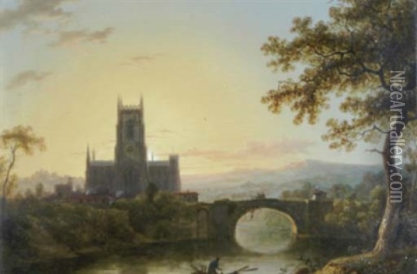 A River Landscape With A Church And A Fisherman In The Foreground Oil Painting - Sebastian Pether