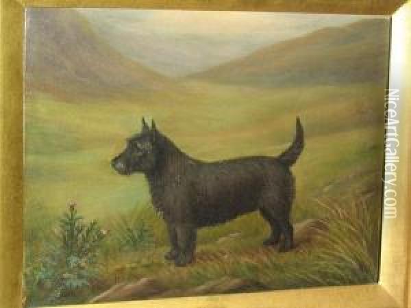 A Scottish Terrier Before A Landscape Oil Painting - Henry Crowther
