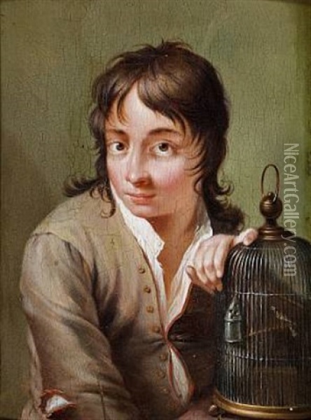 Seated Boy With A Bird's Cage, Symbolising The Hearing Oil Painting - Johann Friedrich Gerhard