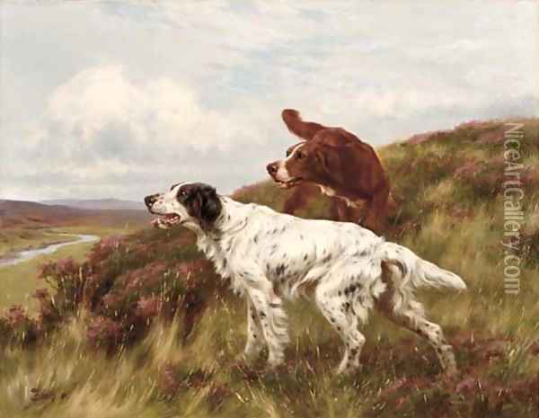 An English and an Irish Setter on a Moor Oil Painting - Thomas Blinks