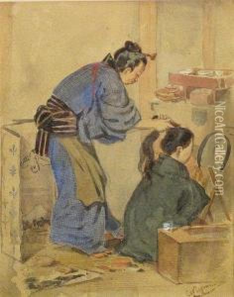 Two Japanese Figures In An Interior Oil Painting - Charles A., Wirgman Jnr.