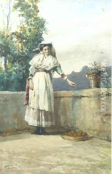 The orange picker (illustrated) Oil Painting - Onorato Carlandi