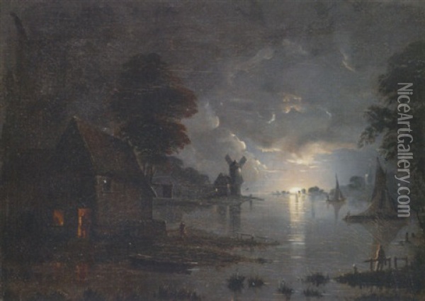 Figures By A Cottage In A Moonlit Lake Landscape With Boats And A Windmill Beyond Oil Painting - Henry Pether