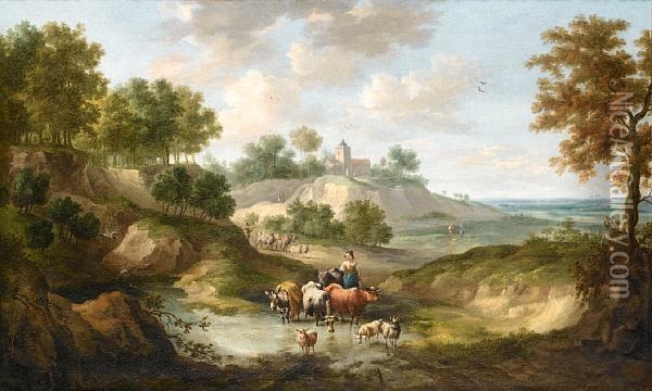 A Shepherdess Watering Her Cattle At A Stream Oil Painting - Johann Rudolf Byss