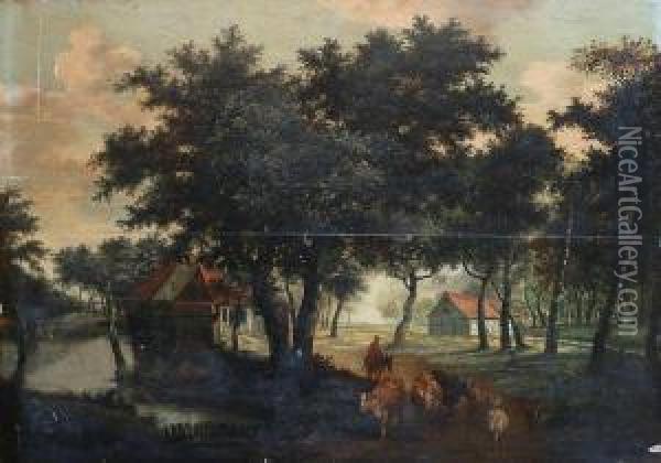 Troupeaude Vaches Sur Un Chemin Au Bord De La Riviere Oil Painting - Meindert Hobbema
