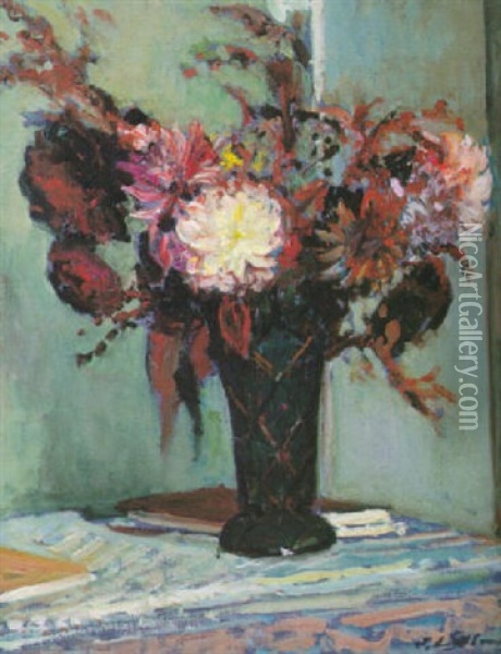 Chrysanthemums In A Vase Oil Painting - Jacques-Emile Blanche