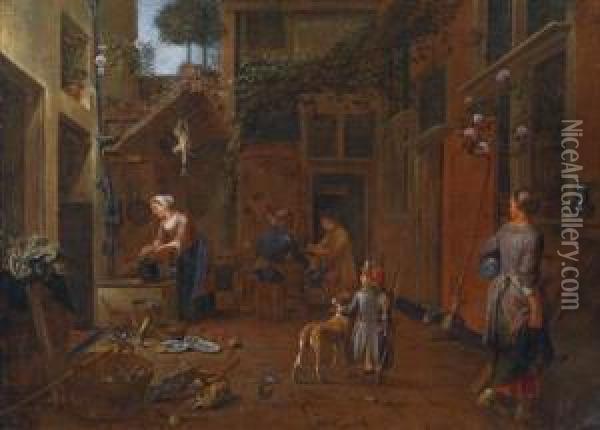 A Crowded Courtyard Oil Painting - Jan Van Buken