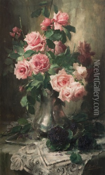Vase With Red Roses And African Violets Oil Painting - Frans Mortelmans