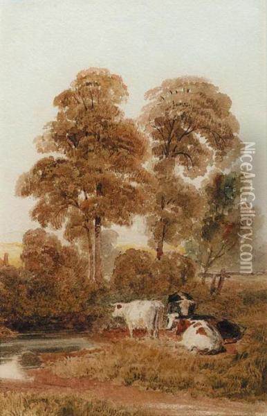 Cattle By A Stream In A Wooded Landscape, Near Cookham,berkshire Oil Painting - Peter de Wint