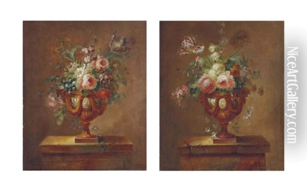 Deux Bouquets De Fleurs Dans Des Vases En Bronze Sur Des Entablements De Pierre (pair) Oil Painting - Joseph-Laurent Malaine