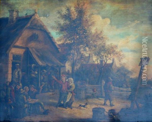 Peasants Carousing Outside A Tavern Oil Painting - David The Younger Teniers