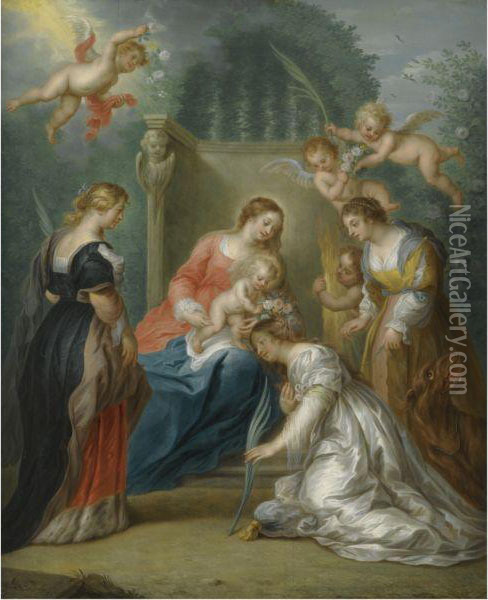 The Virgin And Child With Saints Margaret Of Antioch, Catherineof Alexandria And Elizabeth Of Hungary Oil Painting - Jacob Andries Beschey