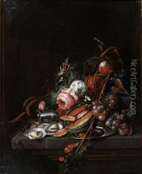 Nature Morte D'huitres, Raisins, Melon, Cerises Et Roses Sur Un Entablement Oil Painting - Cornelis De Heem