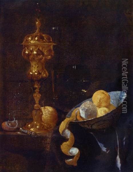 A Peeled Lemon And Oranges In A Wanli Kraak With A Gilt Cup And Cover, A Roemer And Other Objects On A Silk-draped Ledge Oil Painting - Willem Kalf