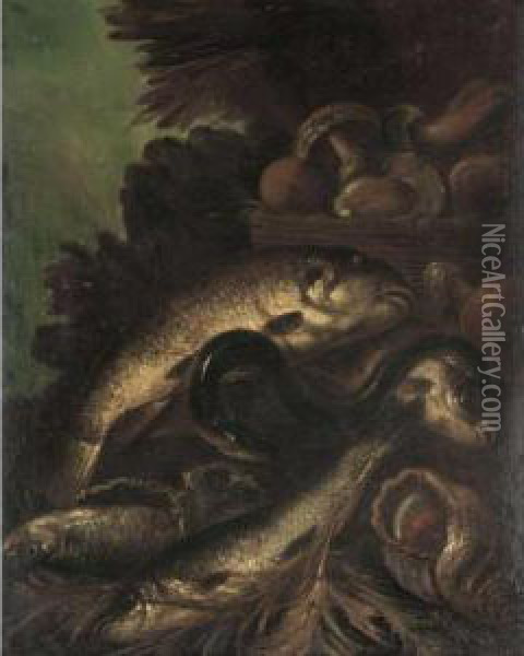 Still Life Of Fish, And Eel, And
 A Sea Shell Together With A Basket Of Mushrooms, In A Landscape Oil Painting - Felice Boselli Piacenza