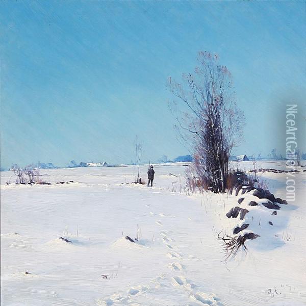 Cloudless Winter Day With A Hunter On A Snow Covered Field Oil Painting - Sigvard Hansen