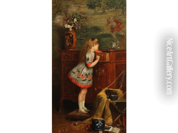 A Narrative Study Showing A Young Girl Climbing On A Stool To Look Into A Drawer Oil Painting - Charles Louis Verwee
