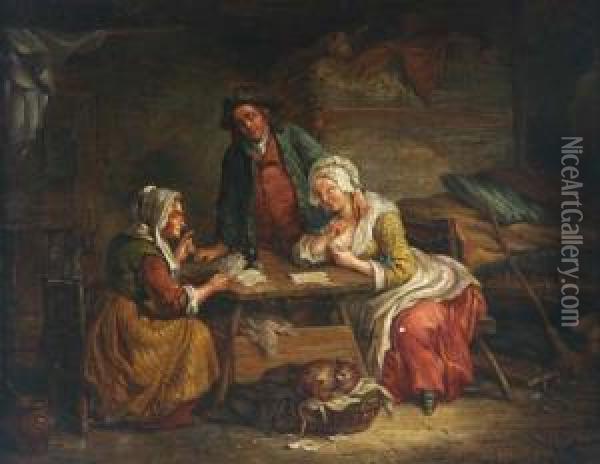 Stubeninterieur Mit Kartenlegerin Und Paar An Einem Tisch Oil Painting - Johann Georg Platzer