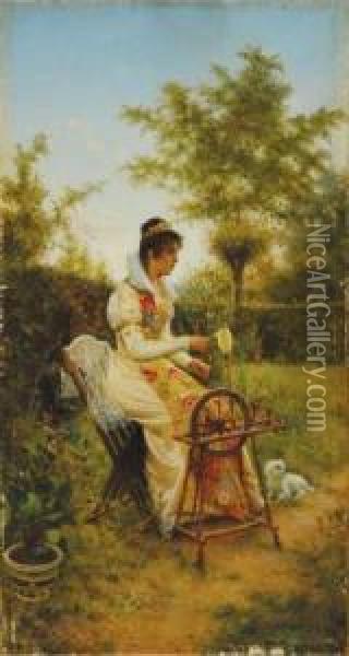 Young Woman Spinning Oil Painting - Alfonso Savini