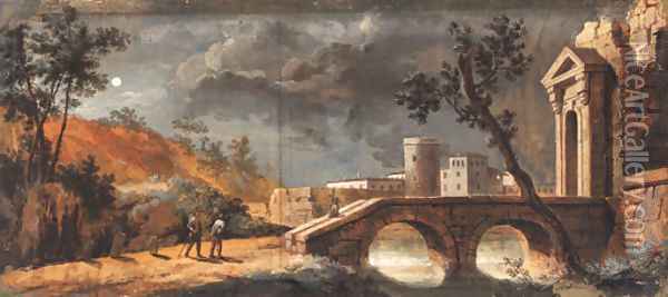 A moonlit capriccio of a classical town with travellers on a path by a bridge Oil Painting - Giuseppe Bernardino Bison