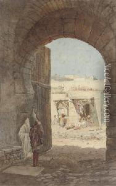 A Watercarrier Walking Through A Gateway (illustrated); And Astreet Scene With Figures Oil Painting - Jarvis Matthew