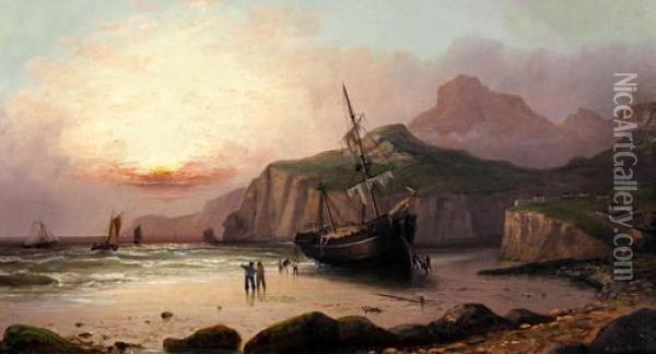 Shore Scene With Beached Fishing Boat And Fishermen Oil Painting - Millson Hunt