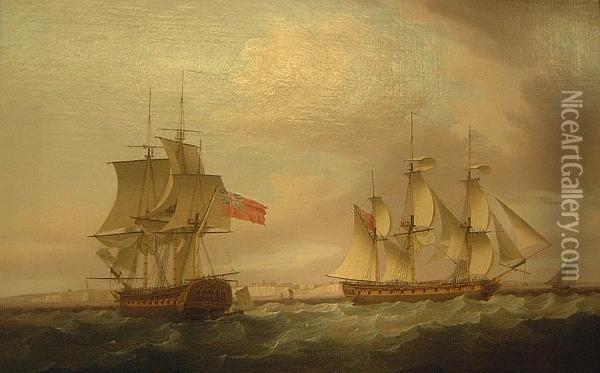 Hms Nonsuch Standing Off Kingsgate Gap Oil Painting - Thomas Whitcombe