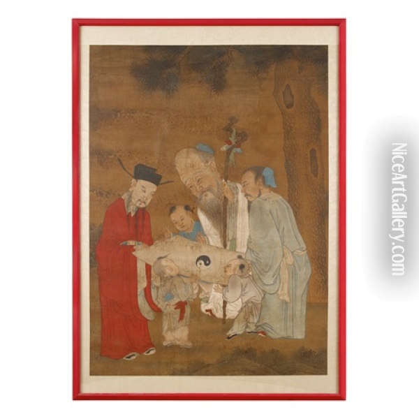 Lsanxing Deities Fu, Lu, Shou Oil Painting -  Chinese School-Ming Dynasty