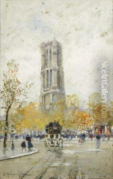 L'omnibus Pres De La Tour Saint-jacques Oil Painting - Eugene Galien-Laloue