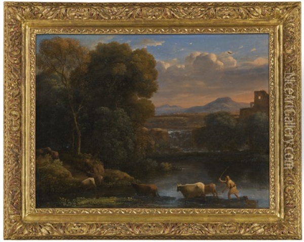 An Italianate Landscape With A Drover And His Dog Driving His Cattle Across A Ford, A Waterfall Beyond Oil Painting - Claude Lorrain