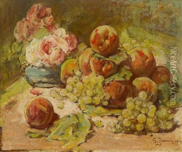 Stillleben Mit Fruchten Und Rosen Oil Painting - Georges Jeannin