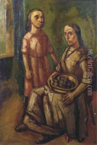 Aardappelschillende Vrouw Met Dochter Oil Painting - Hendrick Chabot