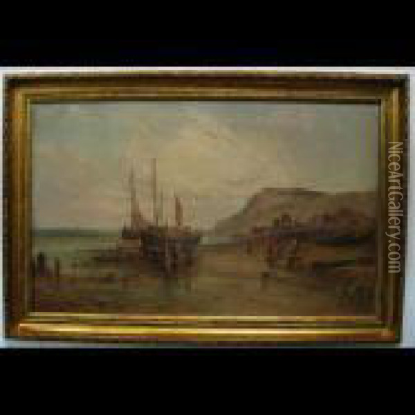 Beach Scene With Fishing Boats And Figures Oil Painting - Alfred Pollentine