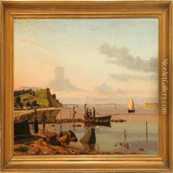 Idyllic Coastal Scene On A Calm Summer Day With Fishermen And Peasants On The Beach Oil Painting - Jorgen Roed