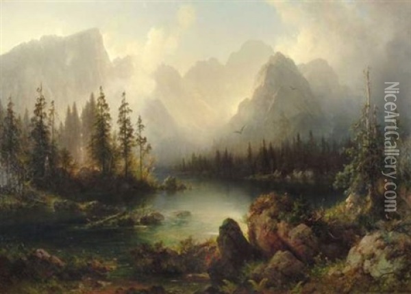 Lever Du Jour Au Bord D'un Lac De Montagne (bergsee) Oil Painting - Julius Lange