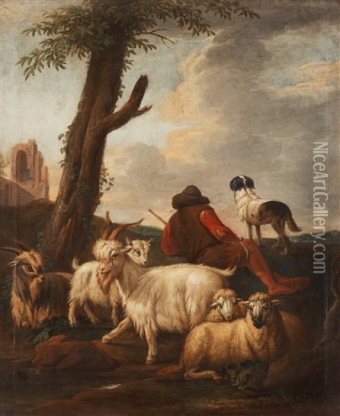 Landscape With A Shepard, Dog And Cattles Oil Painting - Simon van der Does