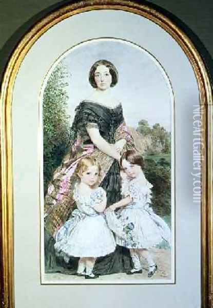Portrait of a lady with her two daughters Oil Painting - John Collingham Moore